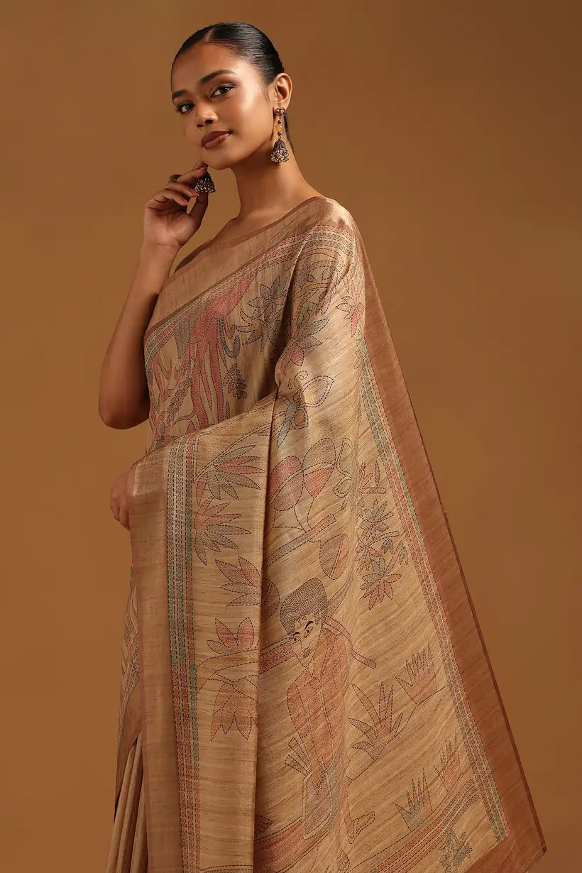 Beige Tussar Botanical Saree